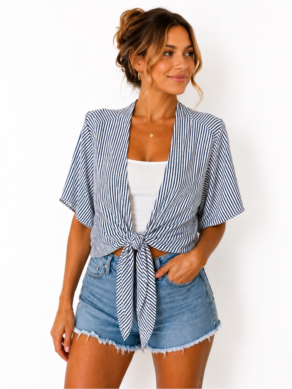 Striped Open Front Draped Cardigan - Blue & White